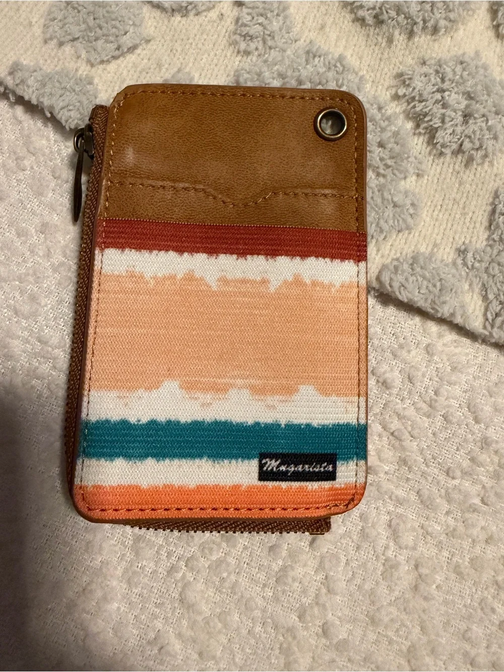 Brown and Coral Stripe Canvas Card Wallet with Zip